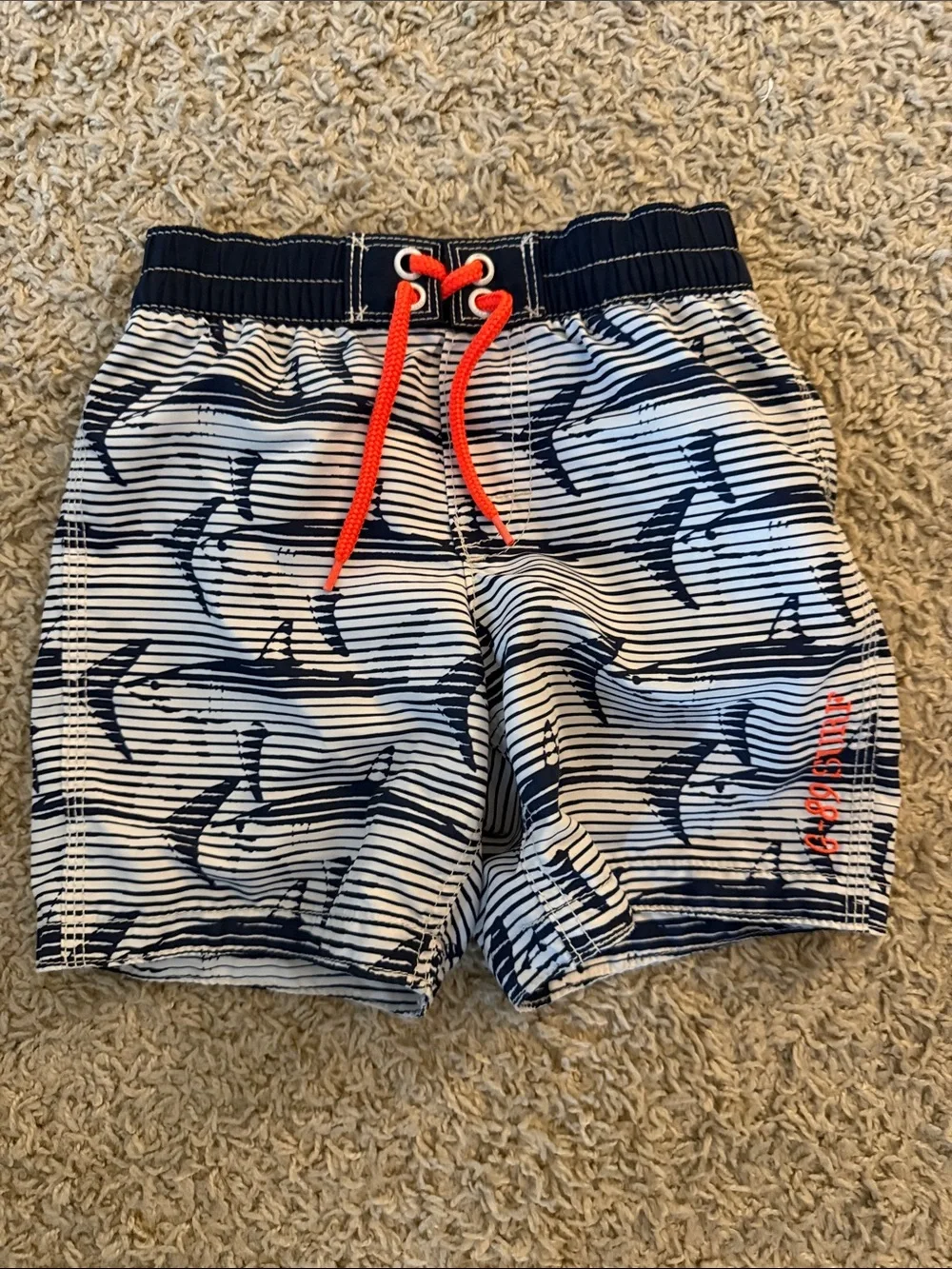 GAP Navy and White Shark-Striped Swim Shorts with Orange Drawcord